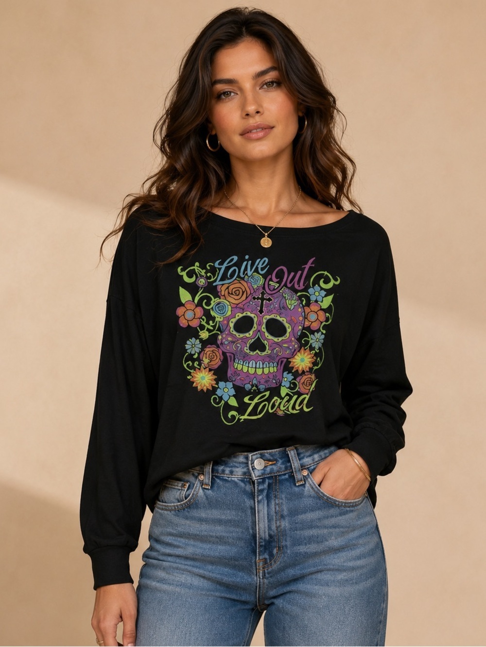 Live Out Loud Sugar Skull Graphic Crop Sweatshirt Y2K Goth L